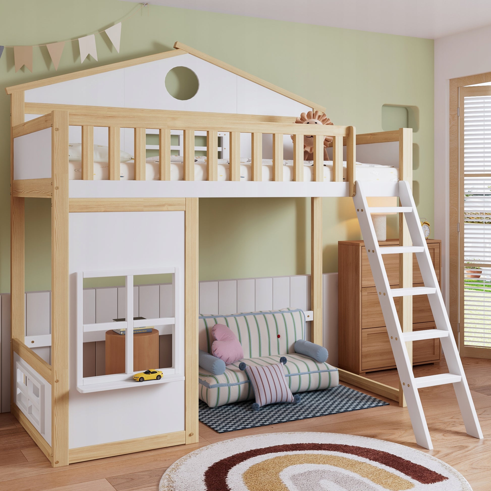 Letto a castello con tetto - Xylo - 90x200 - Bianco+Legno