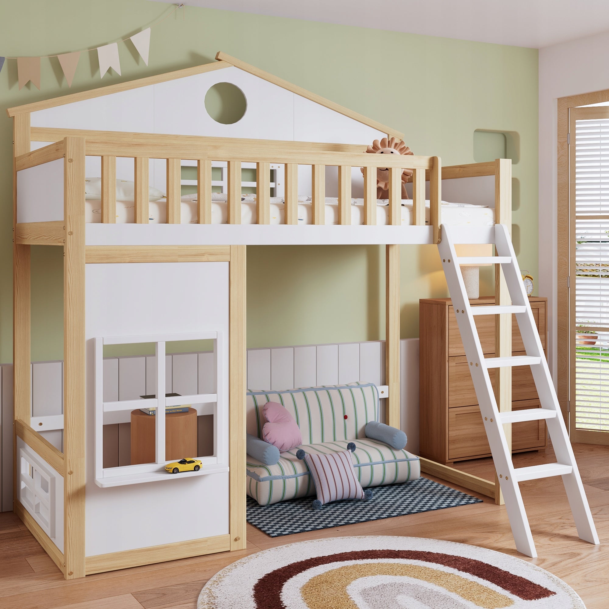 Letto a castello con tetto - Xylo - 90x200 - Bianco+Legno