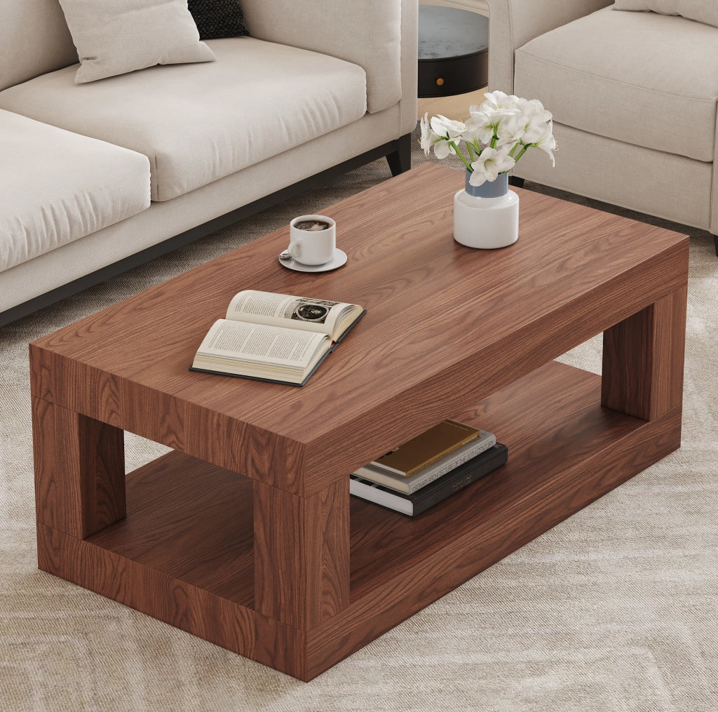 Tavolino basso rettangolare noce in MDF con ripiano inferiore