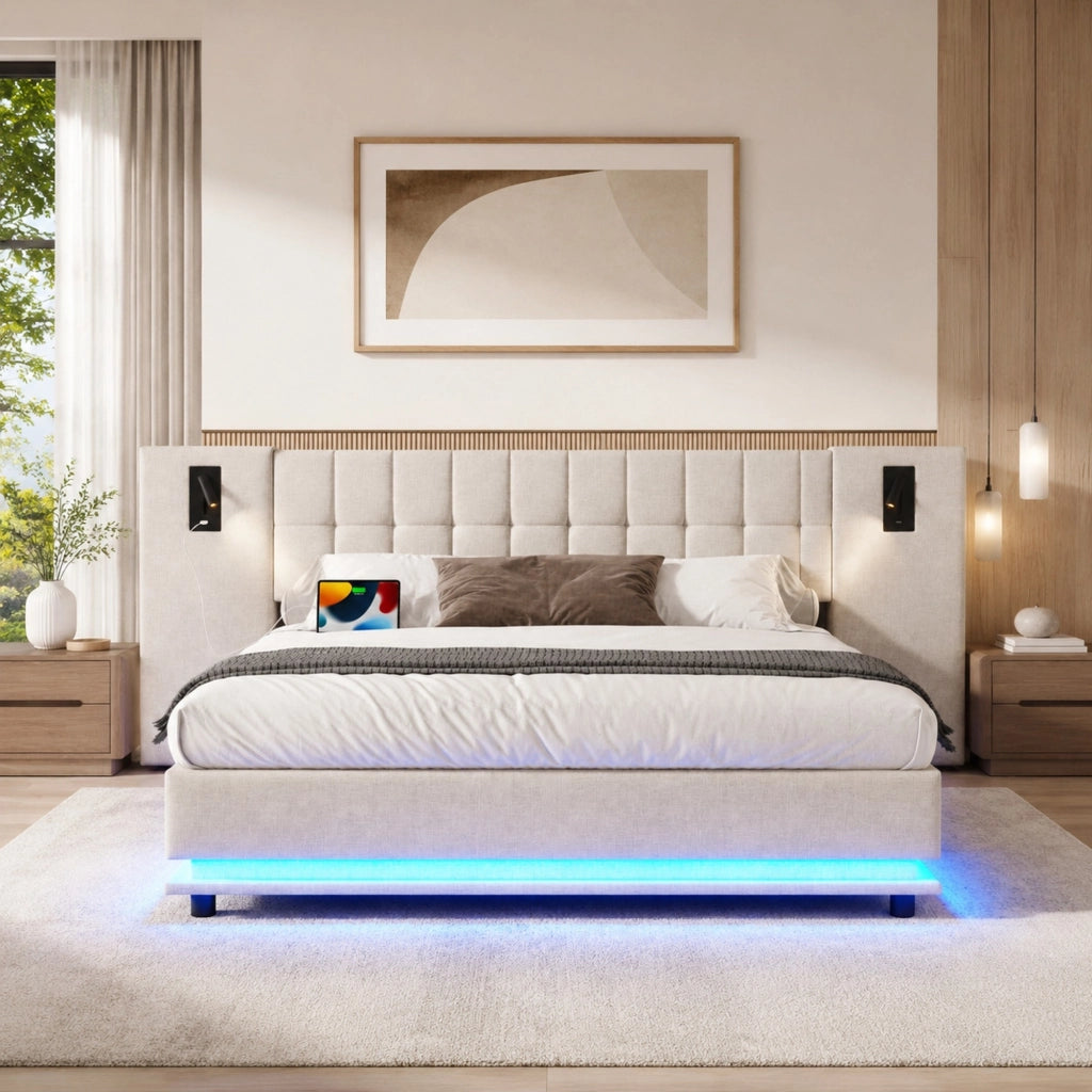 DESMIU Letto Matrimoniale 180 × 200 cm con LED regolabile, luce da lettura e USB, senza materasso, lino, beige