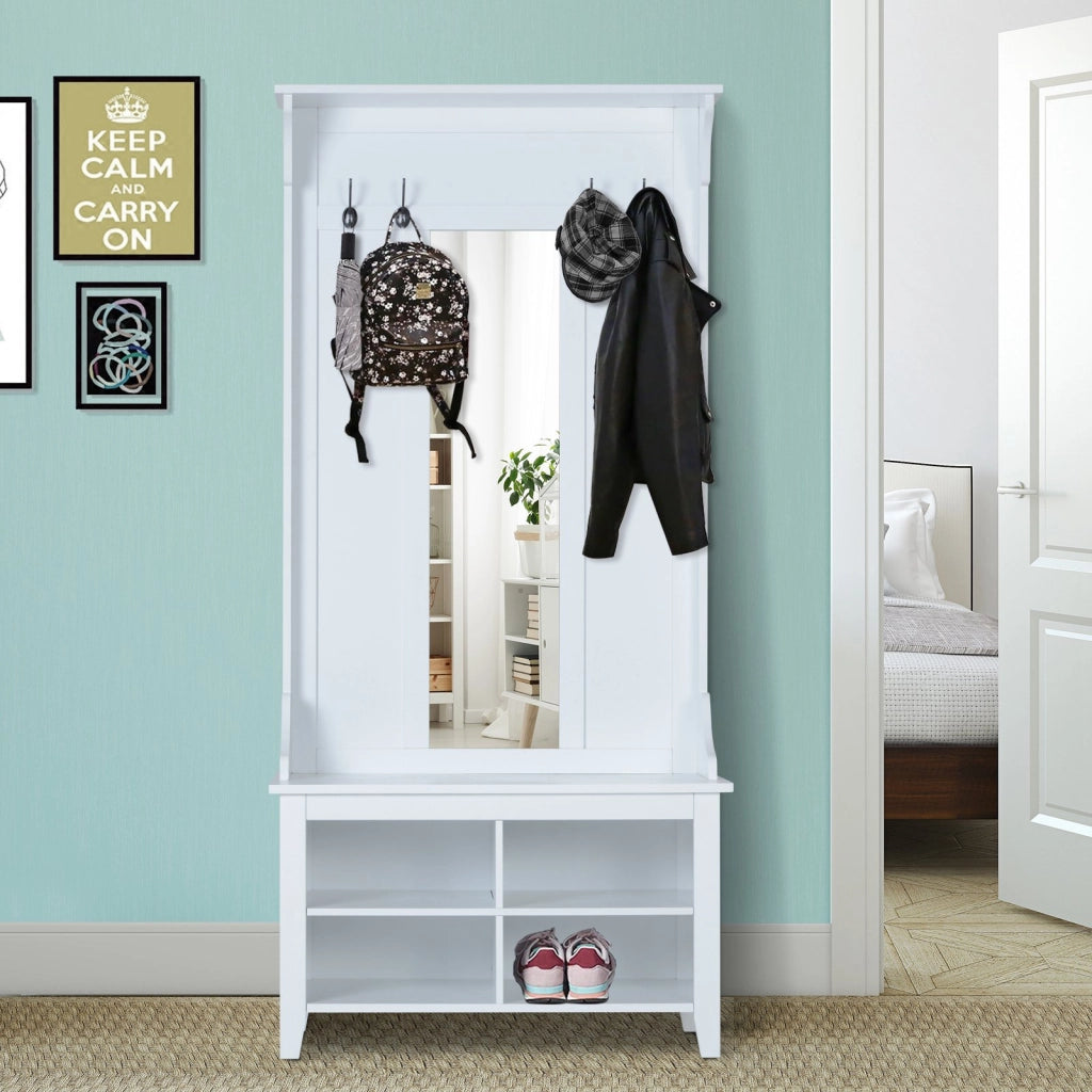 EasyComfort Appendiabiti Attaccapanni da Terra con Specchio Scarpiera 4 Ganci Legno 80x40x170cm Bianco
