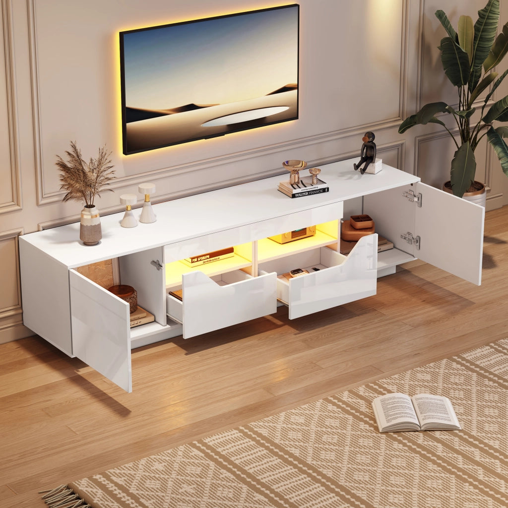 Mobile TV con 2 Ante; 2 Cassetti e 2 Vani; LED; Frontale Lucido; per Soggiorno; 180×40×45 cm; Bianco