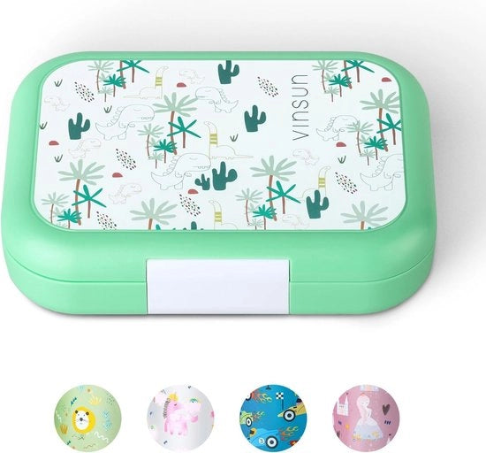 Lunchbox per bambini, con 4 contenitori, non adesivo, BPA-free, lavabile in lavastoviglie, box bento verde con motivo dinosauro per asilo nido, scuola elementare, gite scolastiche