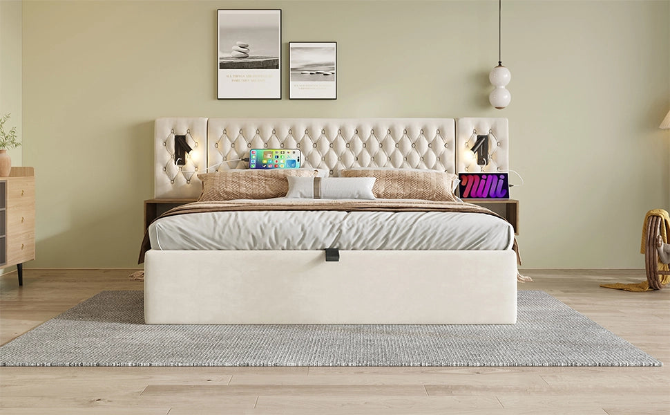 Letto contenitore matrimoniale 180 × 200 cm con 2 comodini, usb, usb-c e lampade da lettura, senza materasso