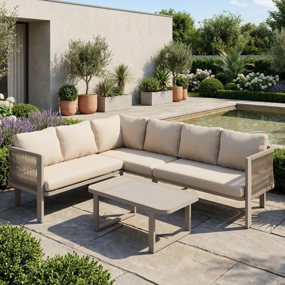 Set da giardino 6 persone - Zephmum- Angolo, acciaio zincato, tavolo in vetro, tessuto Teslin