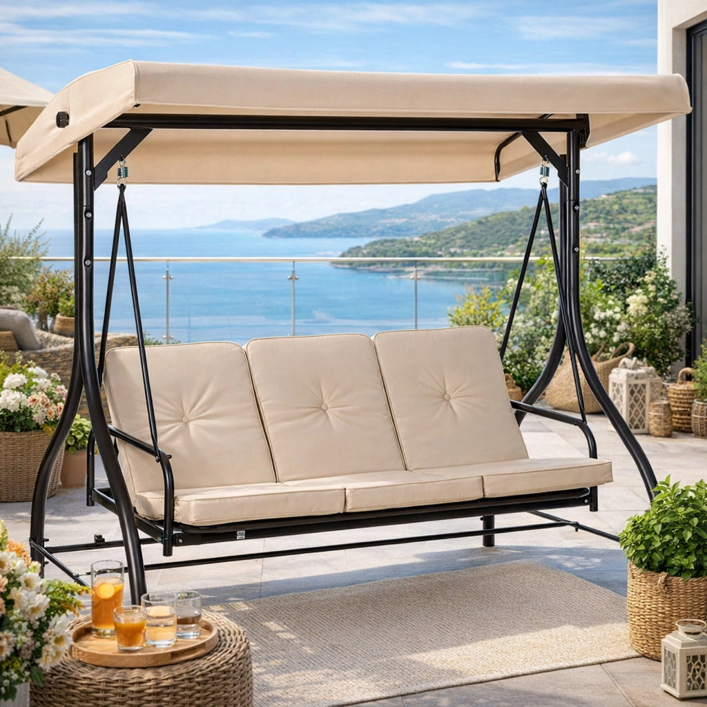 Dondolo Da Esterno 3 Posti Con Copertura Parasole Seduta Regolabile Convertibile In Letto Telaio In Acciaio Per Giardino Patio E Terrazza 195 X 120 X 175 Cm Beige