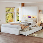 Letto singolo per bambini 90x200 cm con testiera imbottita; vani; LED; presa elettrica; cassetto e rete; legno bianco
