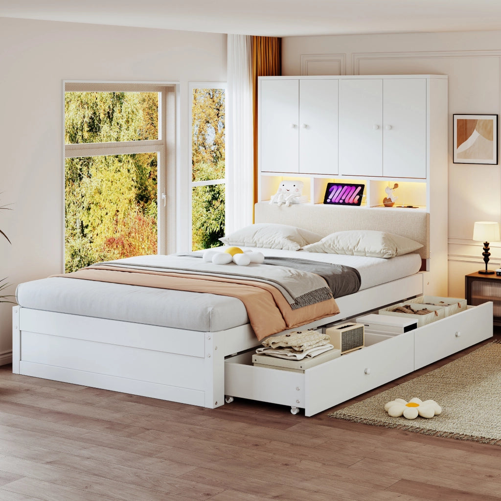 Letto singolo per bambini 90x200 cm con testiera imbottita; vani; LED; presa elettrica; cassetto e rete; legno bianco