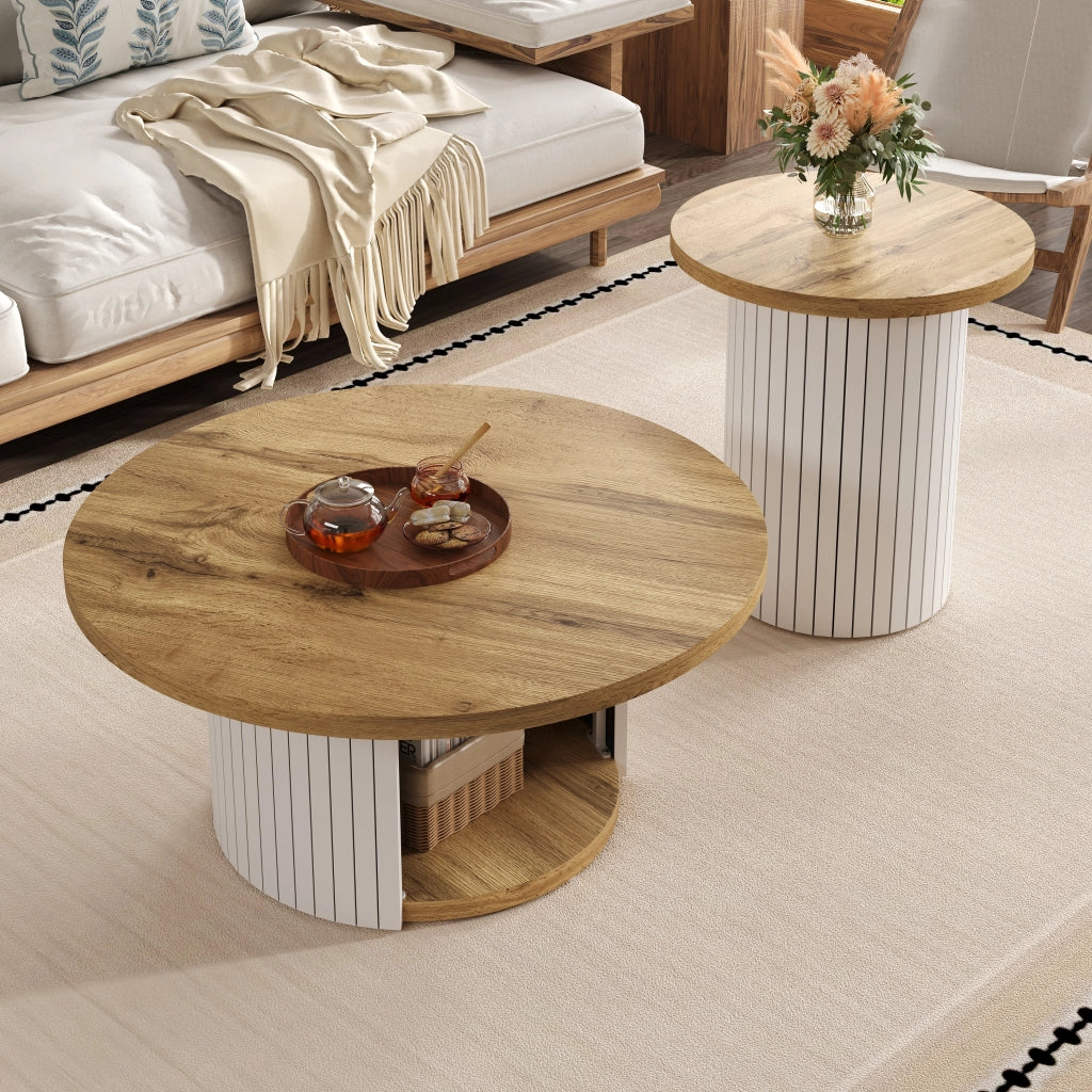 Tavolini da caffè rotondi ad incastro con ripiano; Stile Scandinavo; in MDF; Naturale; 75×75×50 cm + 45×45×35 cm