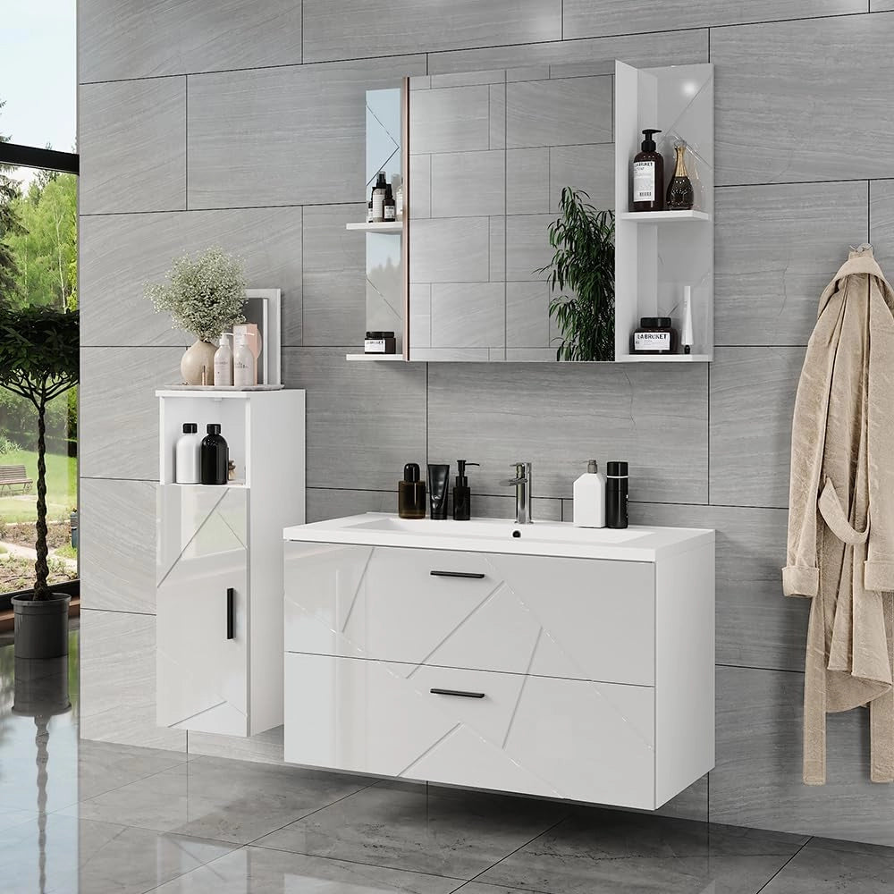 Set di mobili da bagno Irma, Bianco/bianco lucido, 100 cm, composto da mobile sottolavabo con lavabo, armadio medio e specchio da bagno