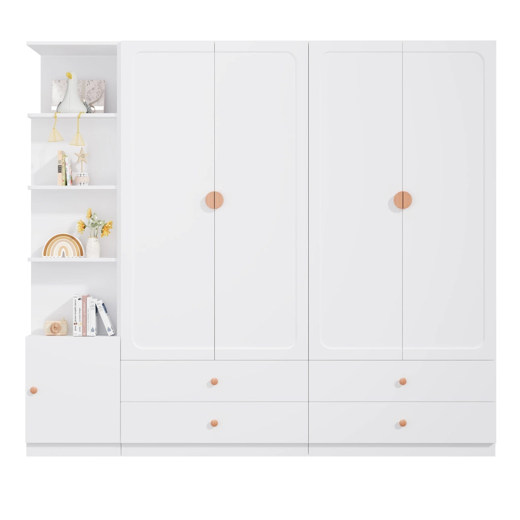 Armadio 225x45x200 cm con 3 aste appendiabiti e 4 cassetti in legno; MDF e acciaio bianco