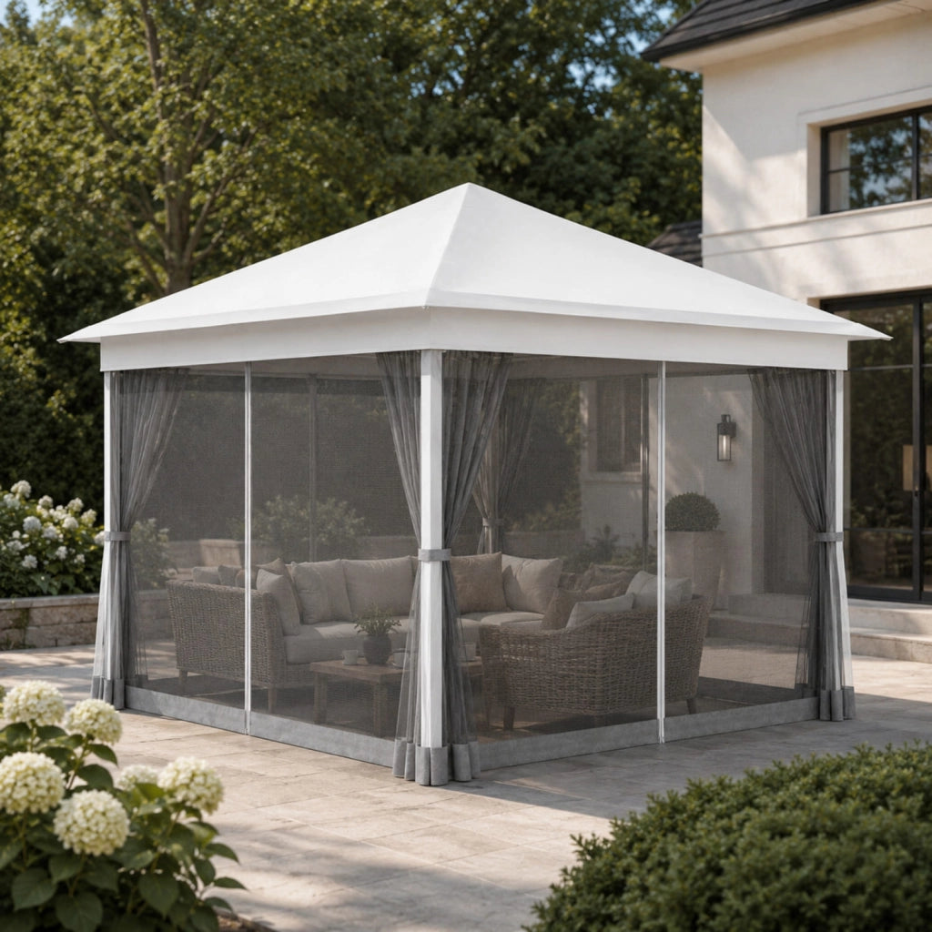 Gazebo Pieghevole Da Giardino Con Teli Zanzariera Laterali Copertura Oxford UV50+ Telaio Regolabile Pop Up Con Borsa Trasporto Outdoor 360 x 360 x 310 Cm Bianco