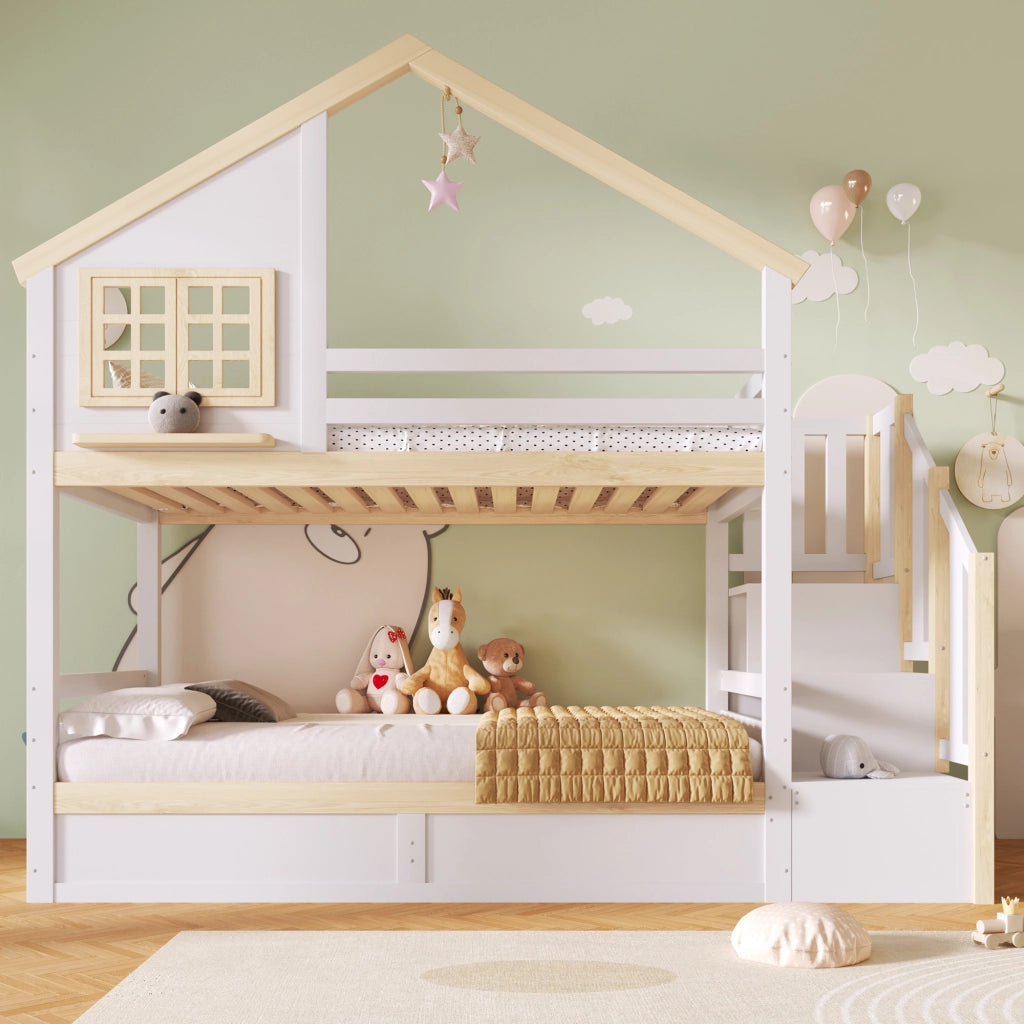 Letto a castello 90x200 cm in pino e MDF con vano contenitore idraulico, stile casa, bianco e naturale