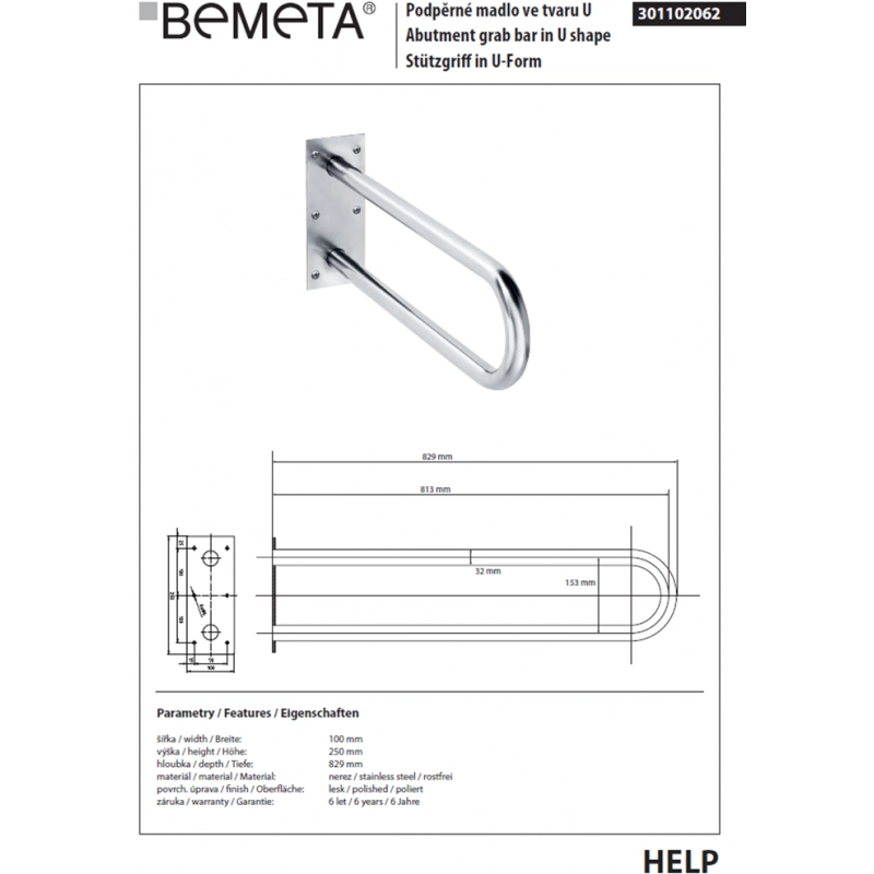 Maniglione a forma di U HELP 813 in acciaio satinato 82,9x25x10cm