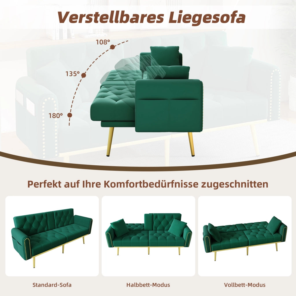 DIVANO LETTO 175x80x73,5 cm in velluto verde con schienale regolabile