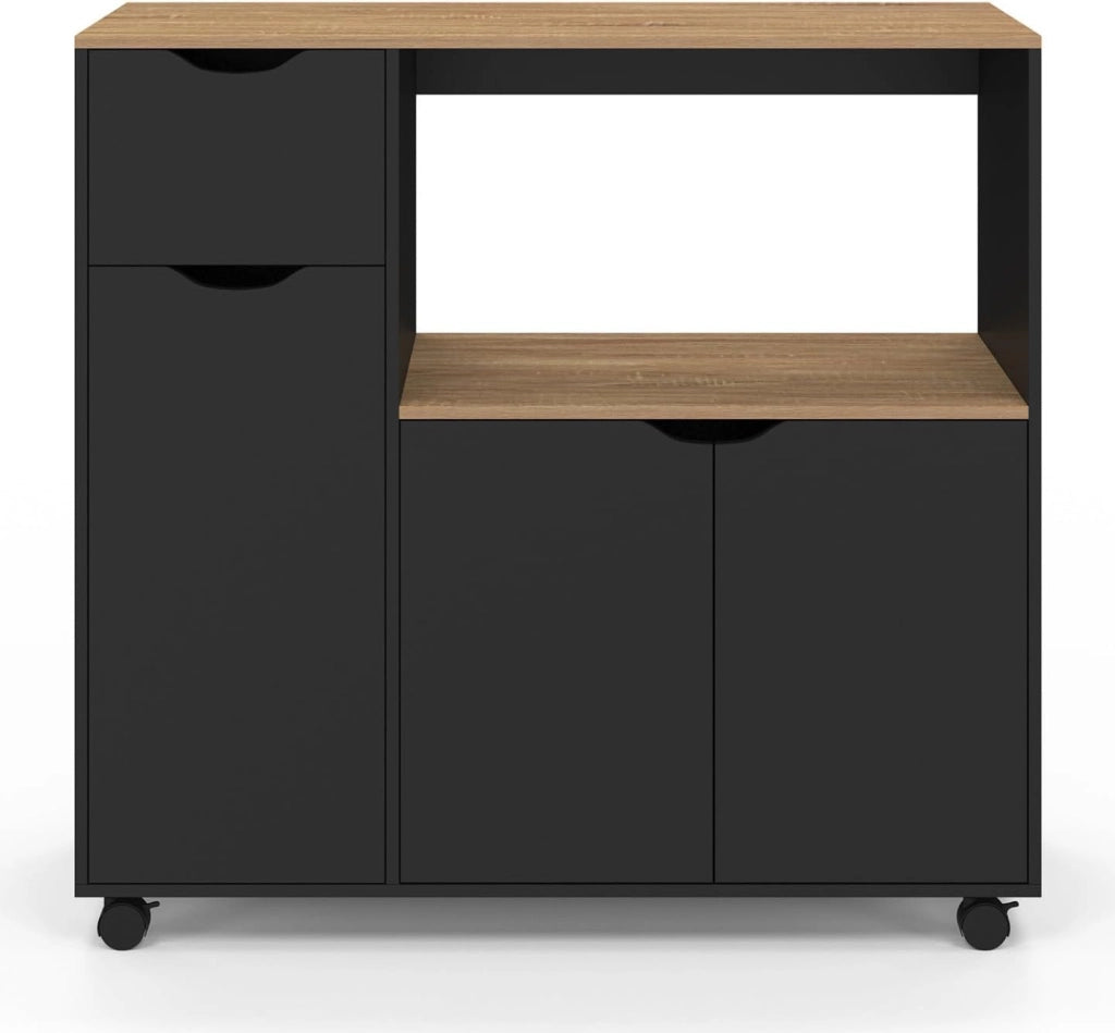 Credenza COSI XXL per microonde con cassetto in legno nero e ripiani in faggio L.90 cm