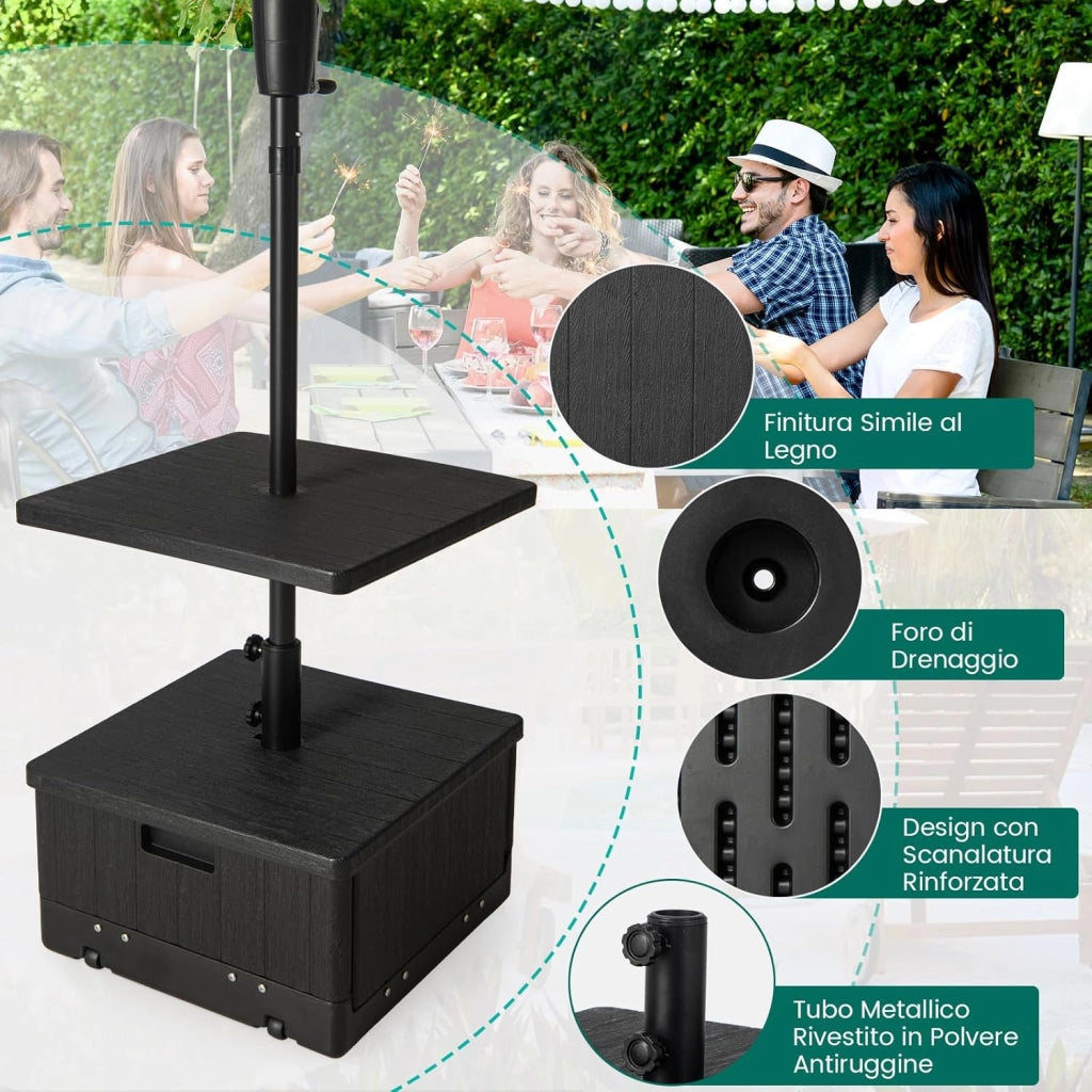 Base per Ombrellone, con Tavolino e Sacca Ponderata, Supporto per Ombrellone 45L, 67 kg di Sabbia, Vassoio, Ruote, per Ombrellone 38 mm/48 mm (Nero)