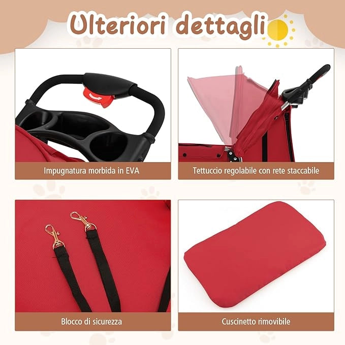 Passeggino Animali Domestici Pieghevole, 2 in 1 Trasportino per Cani/Gatti, con Porta Doppio, Freno Posteriore, 4 Ruote Girevoli, Carrozzina Compatta (Nero, Singolo) (Rosso, Singolo)