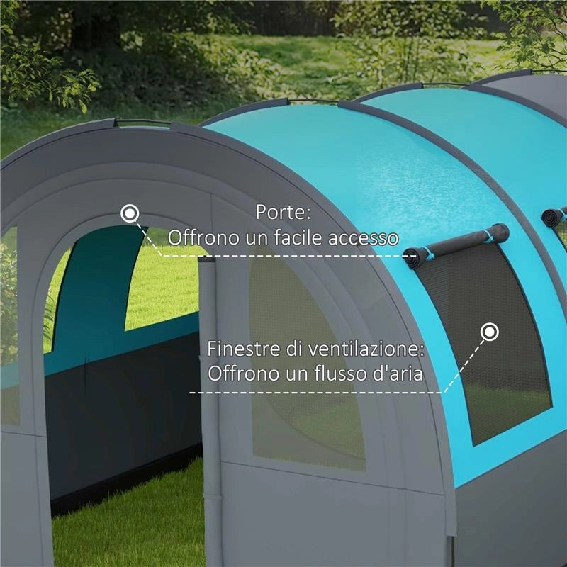 TENDA DA CAMPEGGIO 5 POSTI IMPERMEABILE CON ZONA NOTTE E GIORNO, IN POLIESTERE, 480X260X200 CM, GRIGIO E BLU