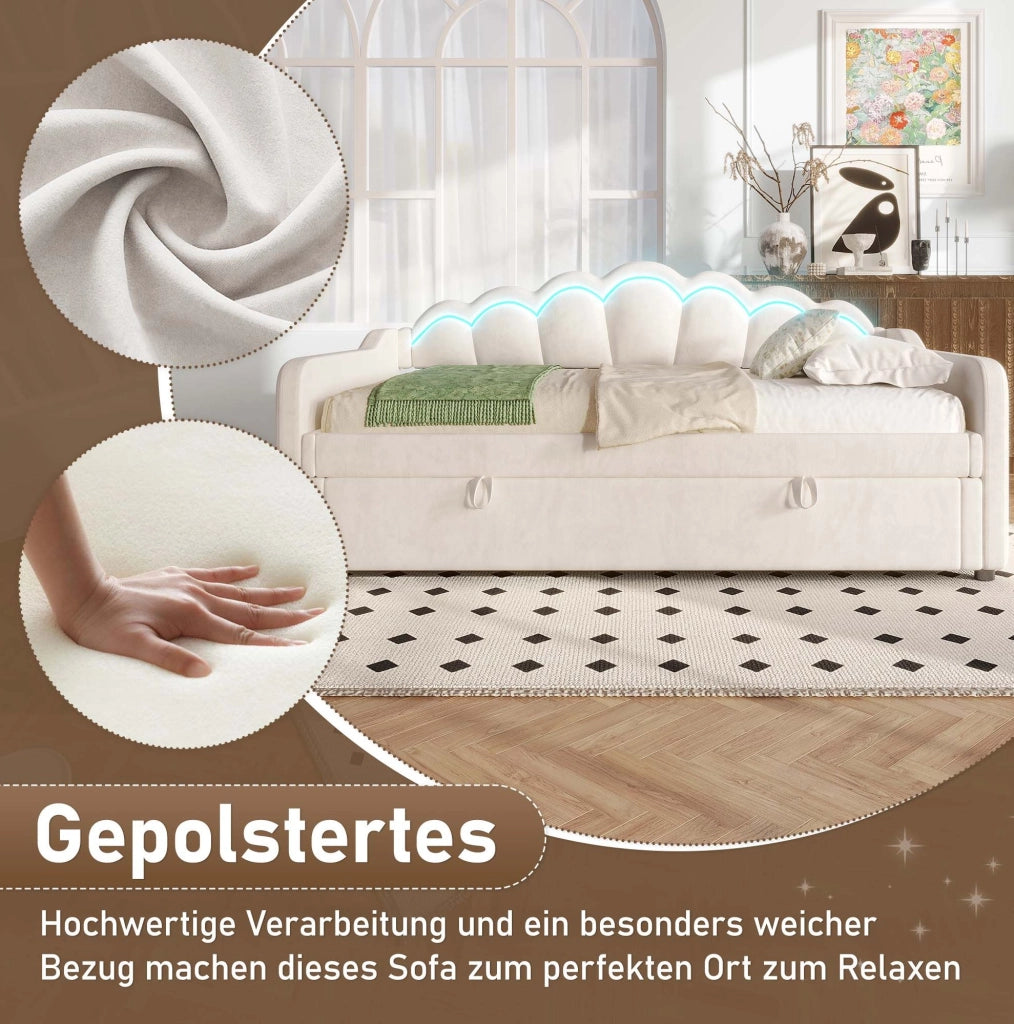 Letto singolo imbottito 90x200 cm con vano contenitore e LED beige