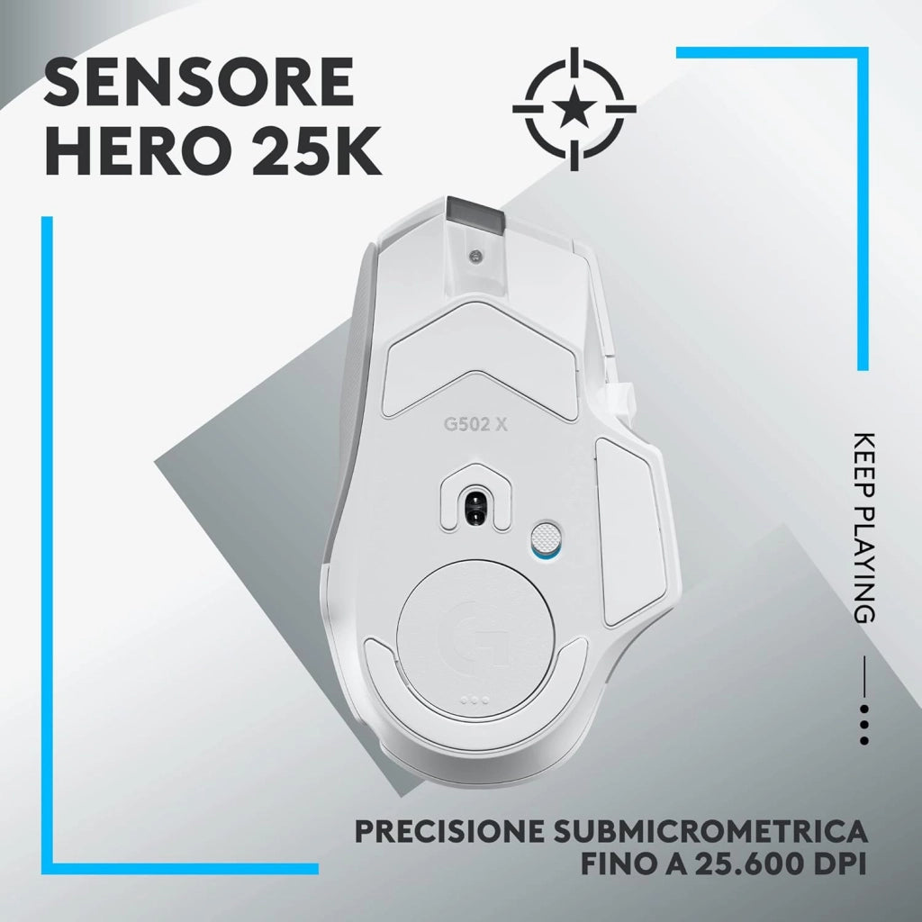 Logitech G G502 X LIGHTSPEED Mouse Gaming Wireless - Mouse Ottico con Switch Ottico-Meccanici Ibridi LIGHTFORCE, Sensore per Gaming HERO 25K, Compatibile con PC - macOS/Windows - Bianco