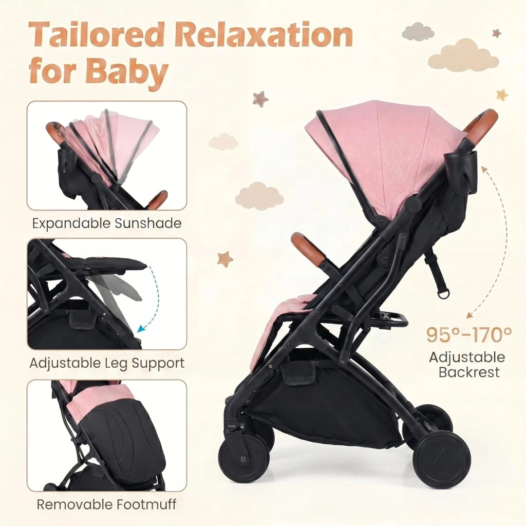 Passeggino Leggero per Bambini e Neonati, Passeggino Pieghevole e Portatile con Ruote, Schienale Regolabile, Tettuccio, Cintura di Sicurezza, Cesto e Copertura Antipioggia (Rosa)