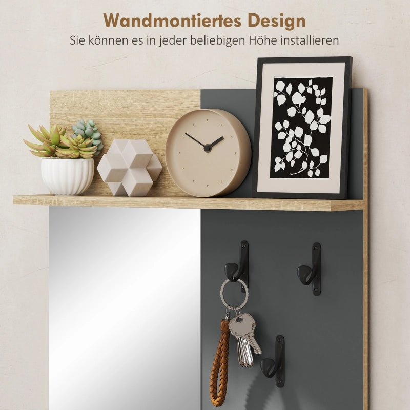 Scaffale da ingresso con specchio intero, 3 ganci e panca per scarpe in MDF effetto legno naturale e grigio
