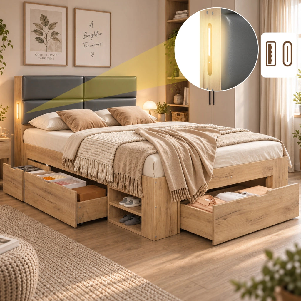 Letto contenitore 140x200 con luce USB USB-C e testiera imbottita in PU MDF naturale
