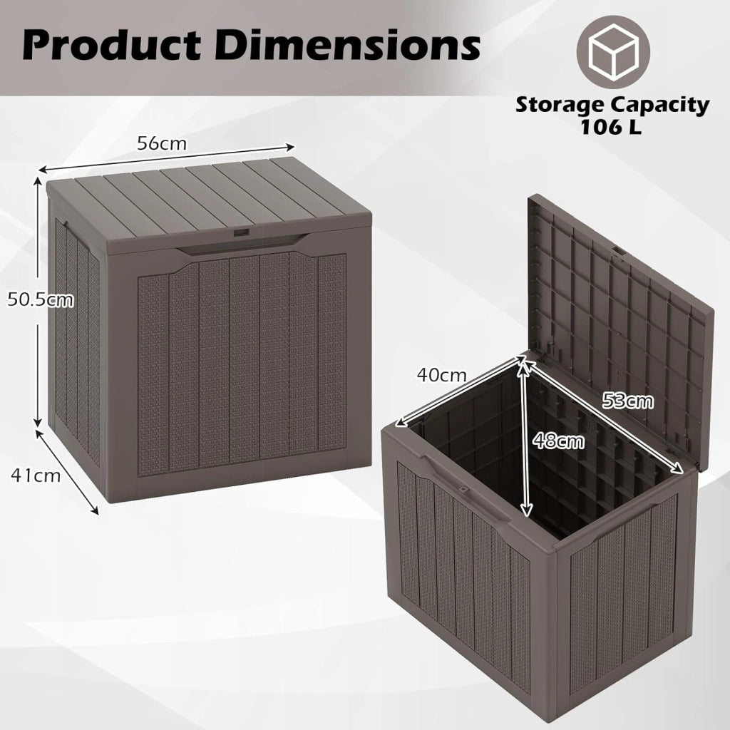Contenitore per esterni, 96 l, grande scatola da giardino resistente alle intemperie, con coperchio bloccabile e trama intrecciata in rattan, organizer per attrezzi da piscina e giardino