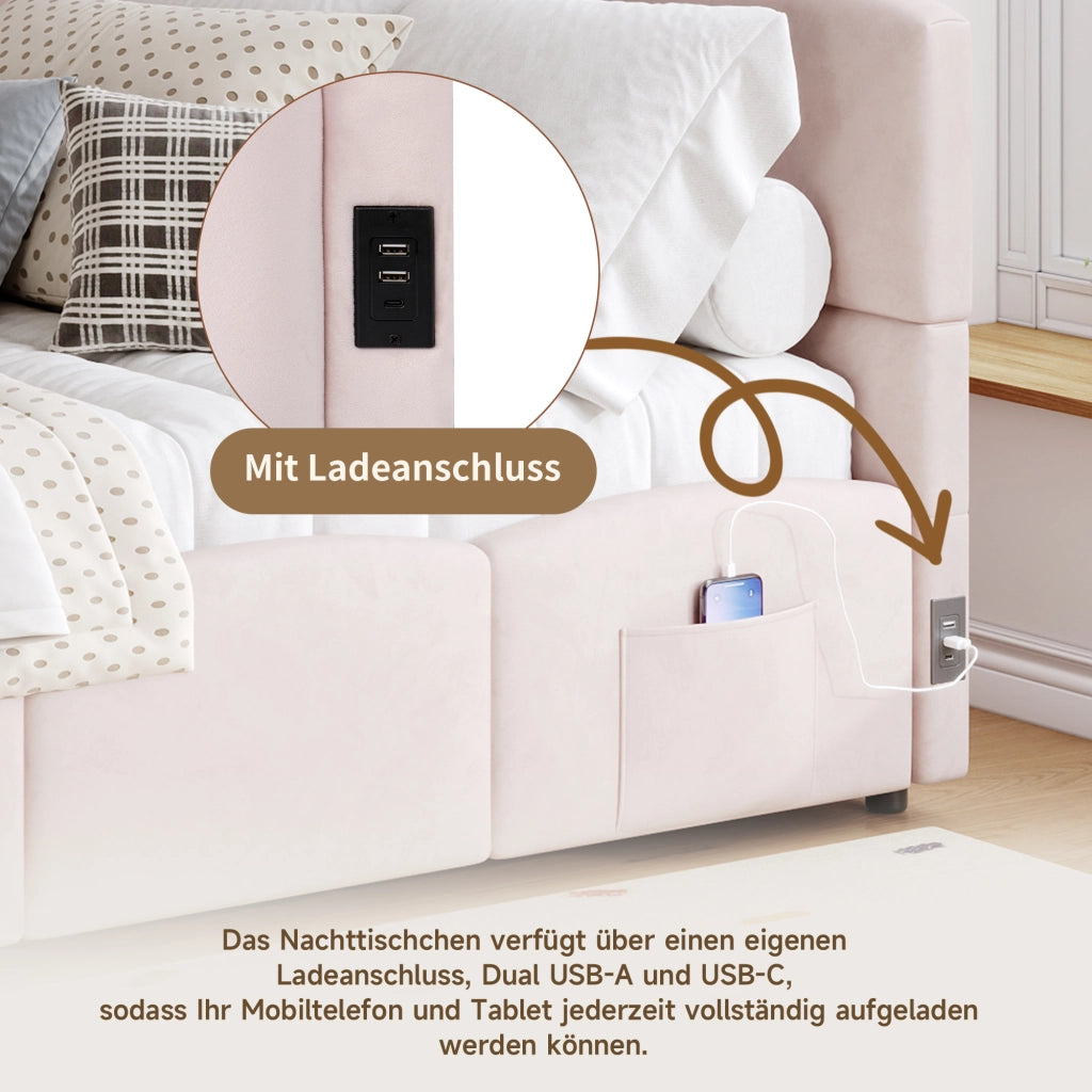 Letto a soppalco con contenitore idraulico velluto rosa 90x200 cm
