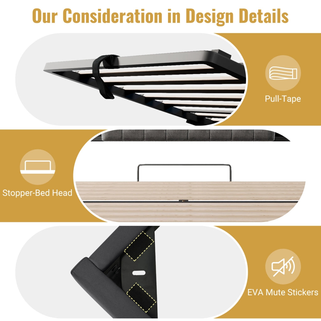 DESMIU Letto Contenitore 140 × 200 cm 2 posti con LED, USB e Type-C, senza materasso, in lino, grigio