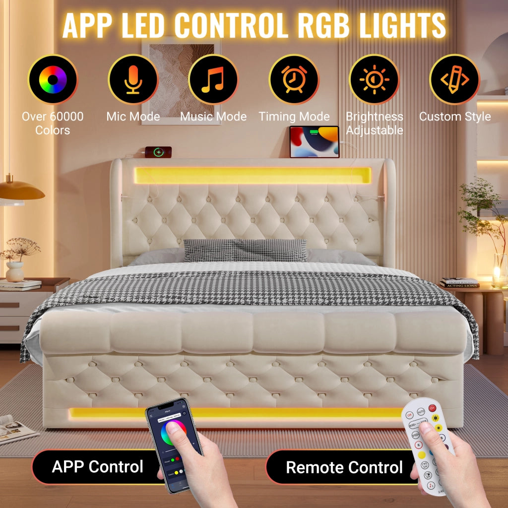 Letto Matrimoniale 140x200 cm con LED; USB e Type-C; Contenitore Idraulico in Velluto