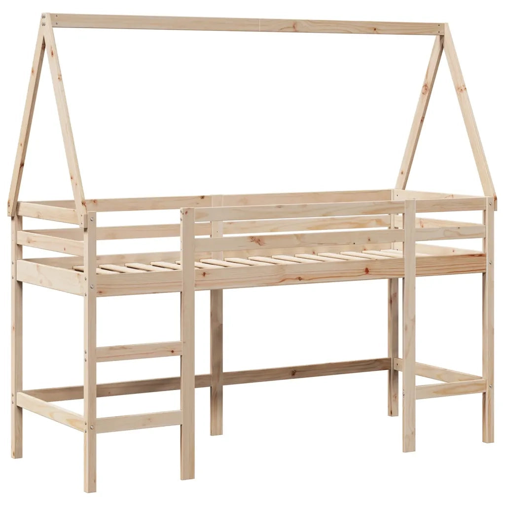 Letto singolo | Letto per adulti | Letto Soppalco con Scala e Tetto 80x200 cm Legno Massello Pino