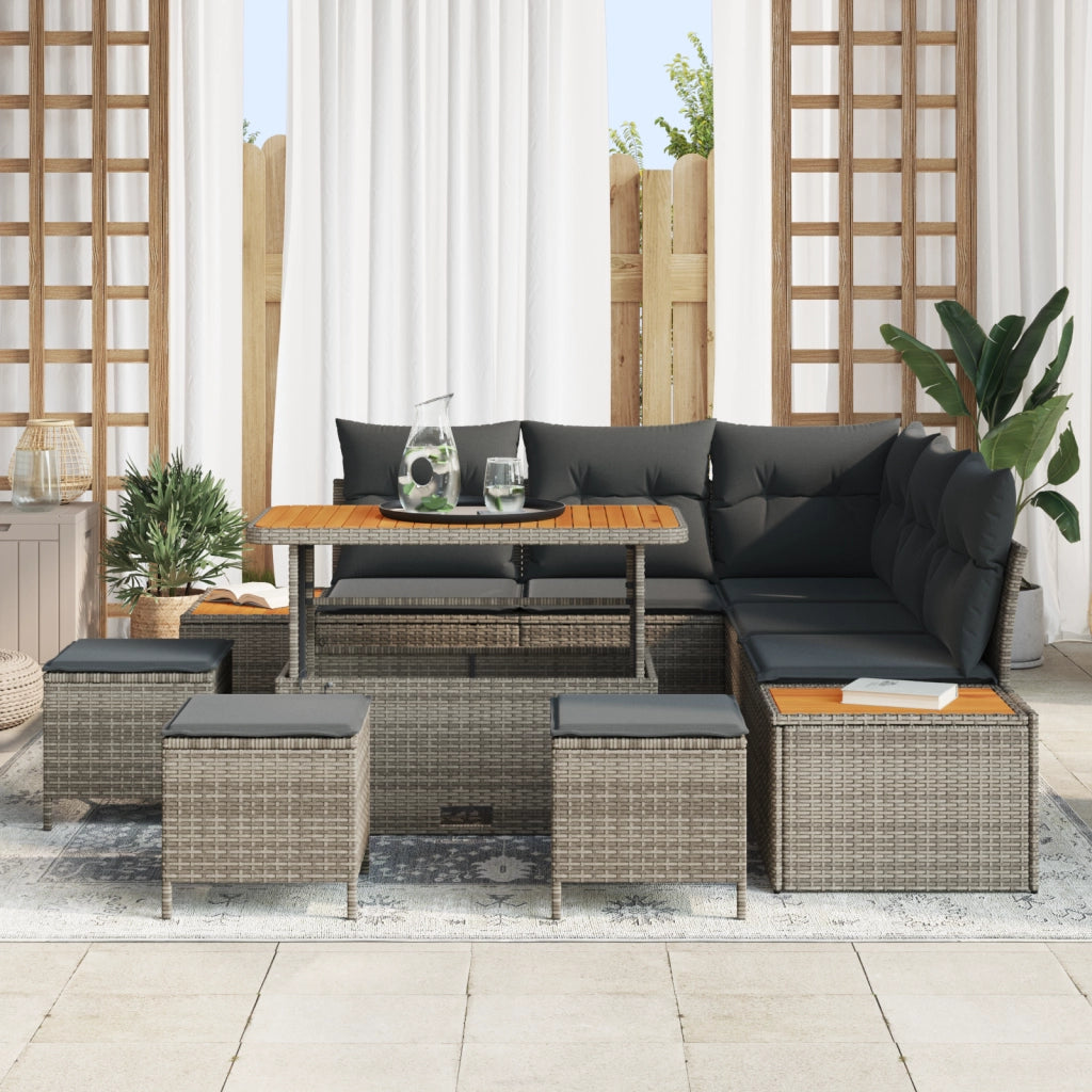 Set di divani da giardino 9 pezzi con cuscini in polyrattan grigio acacia