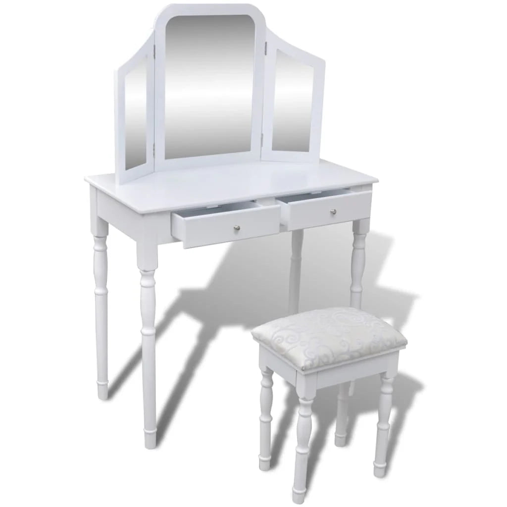 Toeletta dal design contemporaneo tavolo da trucco mobile da camera da letto con specchio e sgabello 80 x 40,5 x 74,5 cm 2 cassetti bianco 02_0021276
