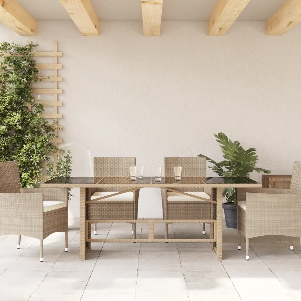Tavolo da Giardino con Piano Vetro Beige 190x80x74cm Polyrattancod mxl 86594