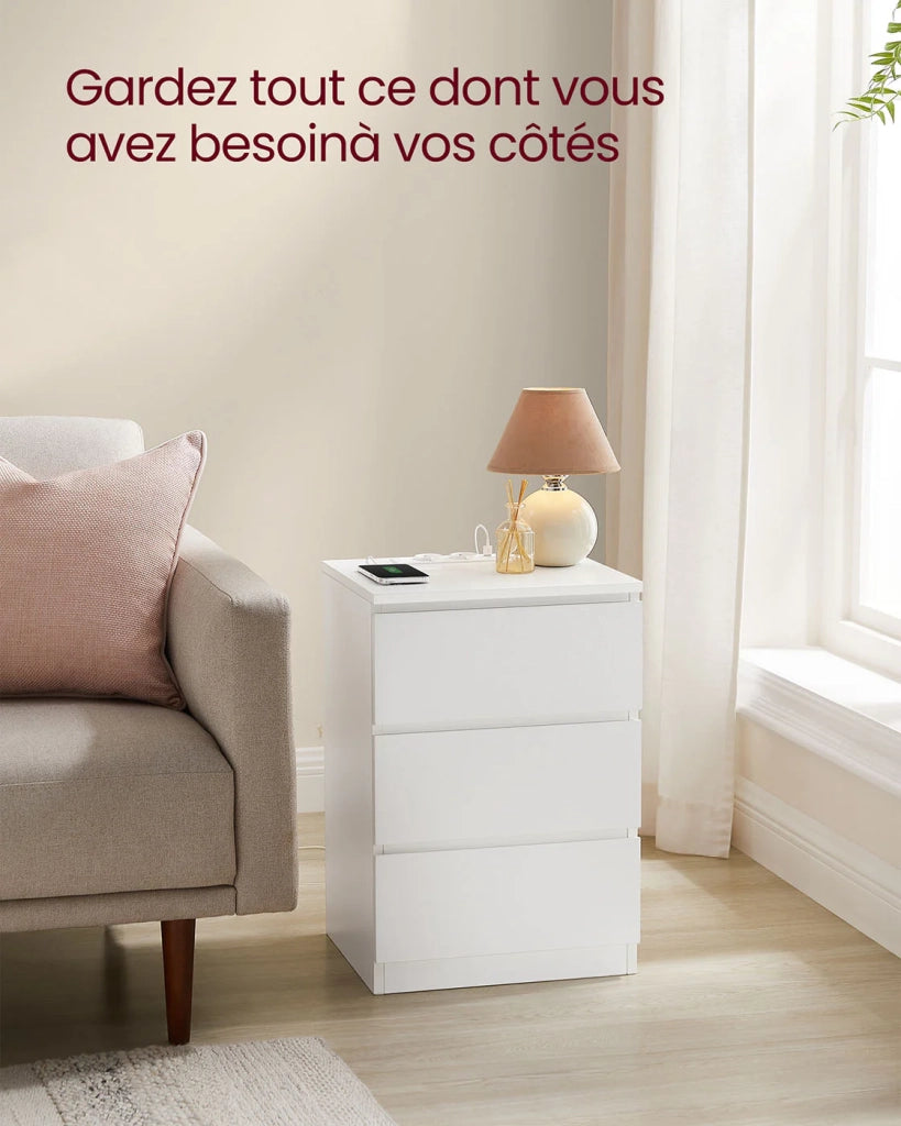 Comodino con multipresa tavolino con 3 cassetti 2 prese CA 2 porte USB frontali dei cassetti smussati per soggiorno camera da letto ufficio moderno bianco 12_0007610