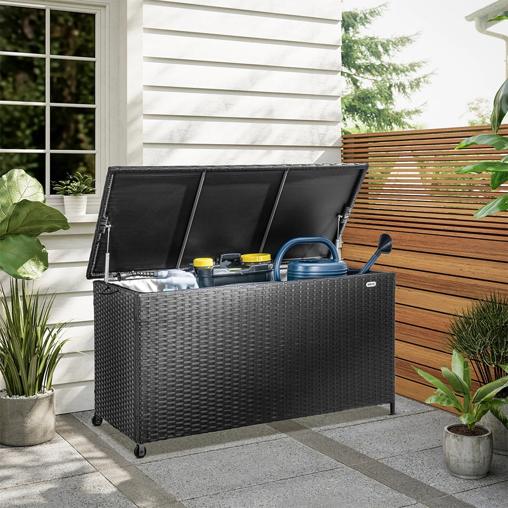 Baule Portaoggetti da Giardino Cassapanca Polyrattan Impermeabile 2 Ruote Nero