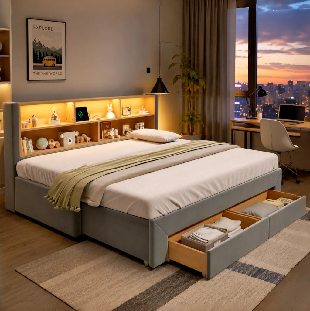 Letto daybed in velluto grigio 90x200 cm estensibile 180x200 con LED, USB e cassetti