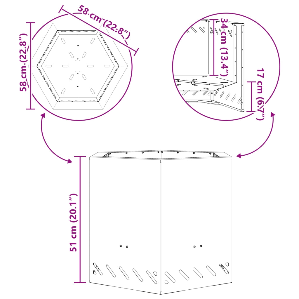 Braciere Senza Fumi Esagonale Nero 58x58x51 cm Acciaio
