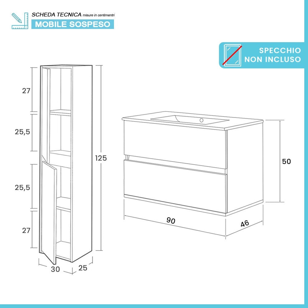 Mobile bagno sospeso 90 cm rovere bianco con pensile H 125 Nadia