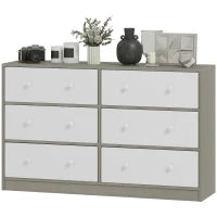 Cassettiera 6 Cassetti Pieghevoli con Maniglie Doppie, in Legno, Acciaio e Tessuto, 114x30x70 cm, Bianco e Grigio