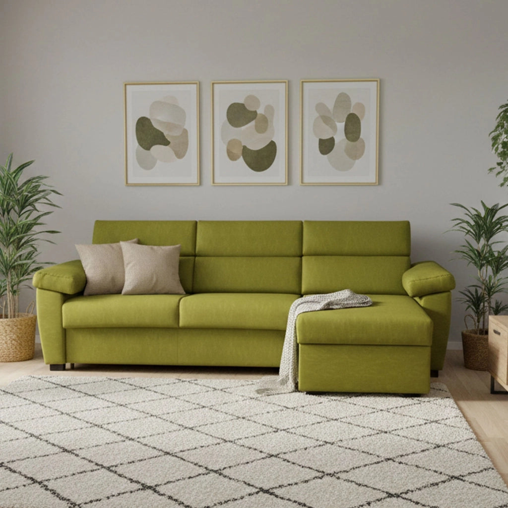 Priverno, Divano Letto con Penisola Sfoderabile Made in Italy, 285x160 cm Verde