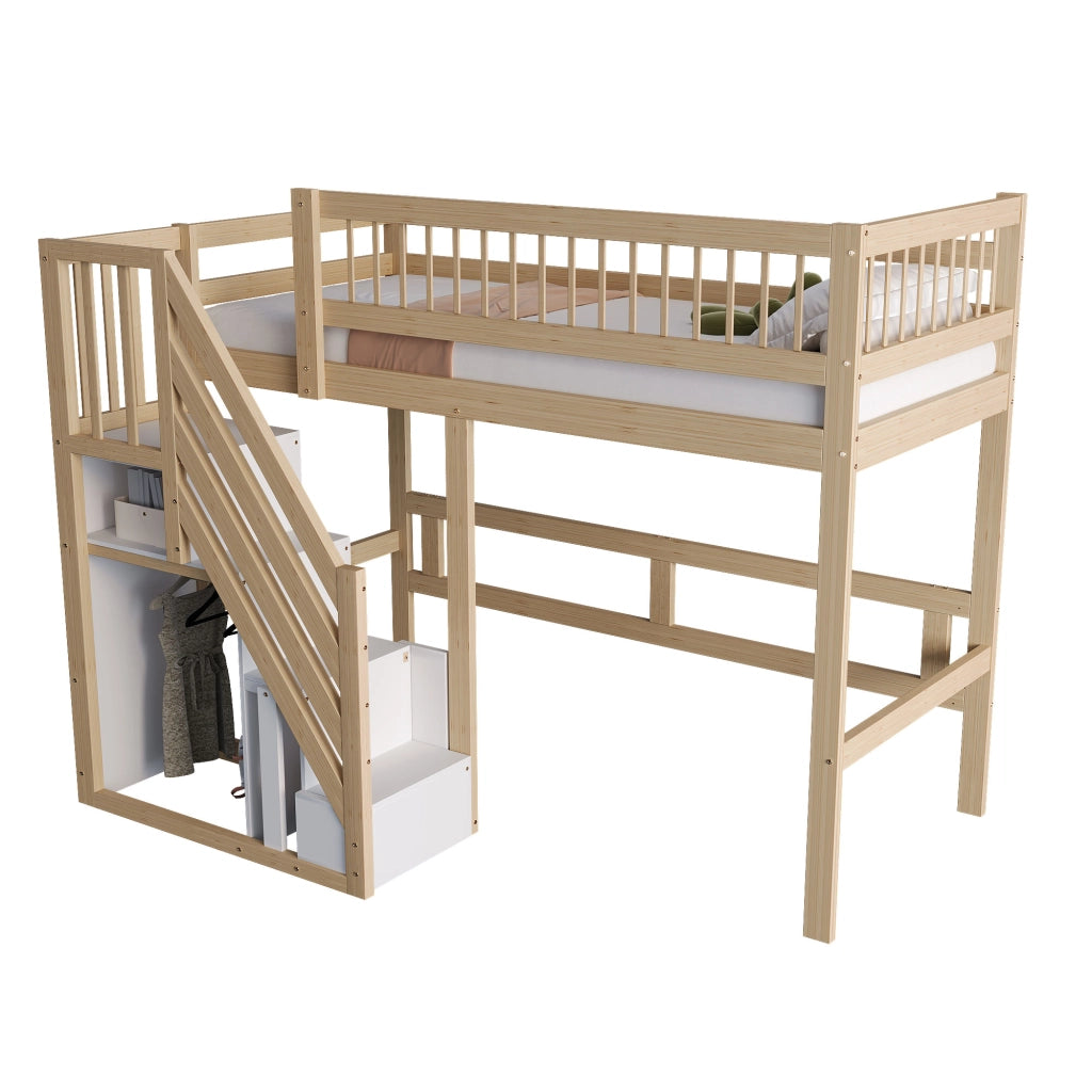 Letto a Soppalco Singolo con Scala Contenitore e Sponde; 90×200 cm; senza Materasso; Legno Naturale