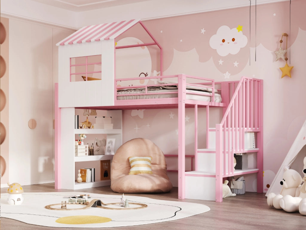 Letto a soppalco 90 × 200 cm con scala contenitore reversibile e scaffale, senza materasso, per bambini, rosa