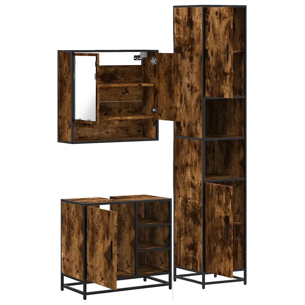 Set Mobili da Bagno 3 pz Rovere Fumo in Legno Multistrato