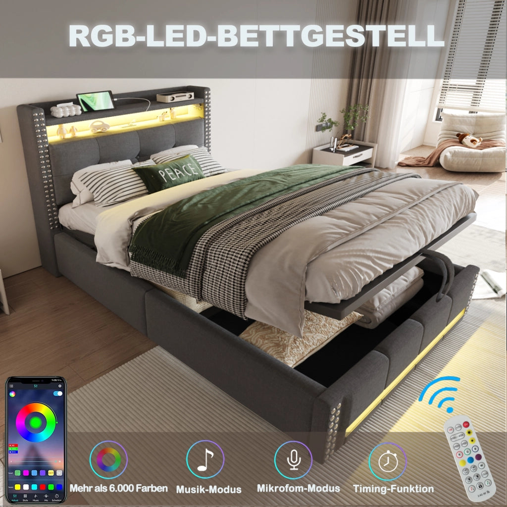 DESMIU Letto per bambini 90 × 200 cm con LED, USB, vano contenitore e idraulico, senza materasso, lino grigio