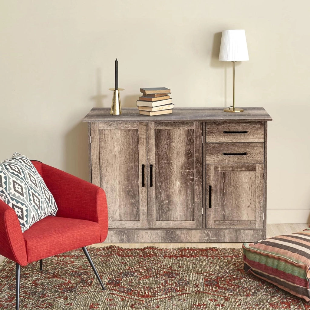 Credenza da Cucina, Mobile Buffet da Terra con 2 Cassetti, 3 Ante e 1 Ripiano Regolabile, per Sala da Pranzo, Cucina, Salotto, Ingresso, Grigio