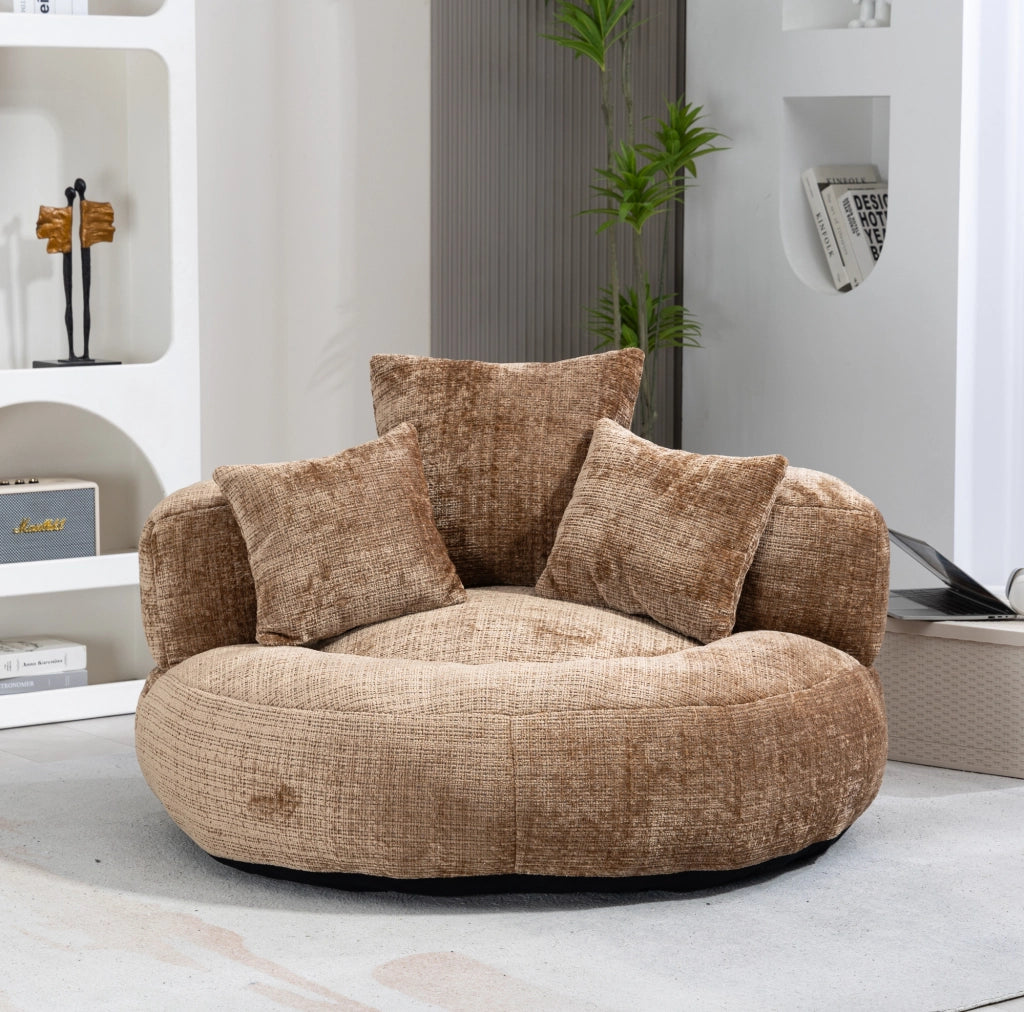Poltrona lounge a sacco in chenille marrone; 108 x 108 x 52 cm; con braccioli e schienale alto
