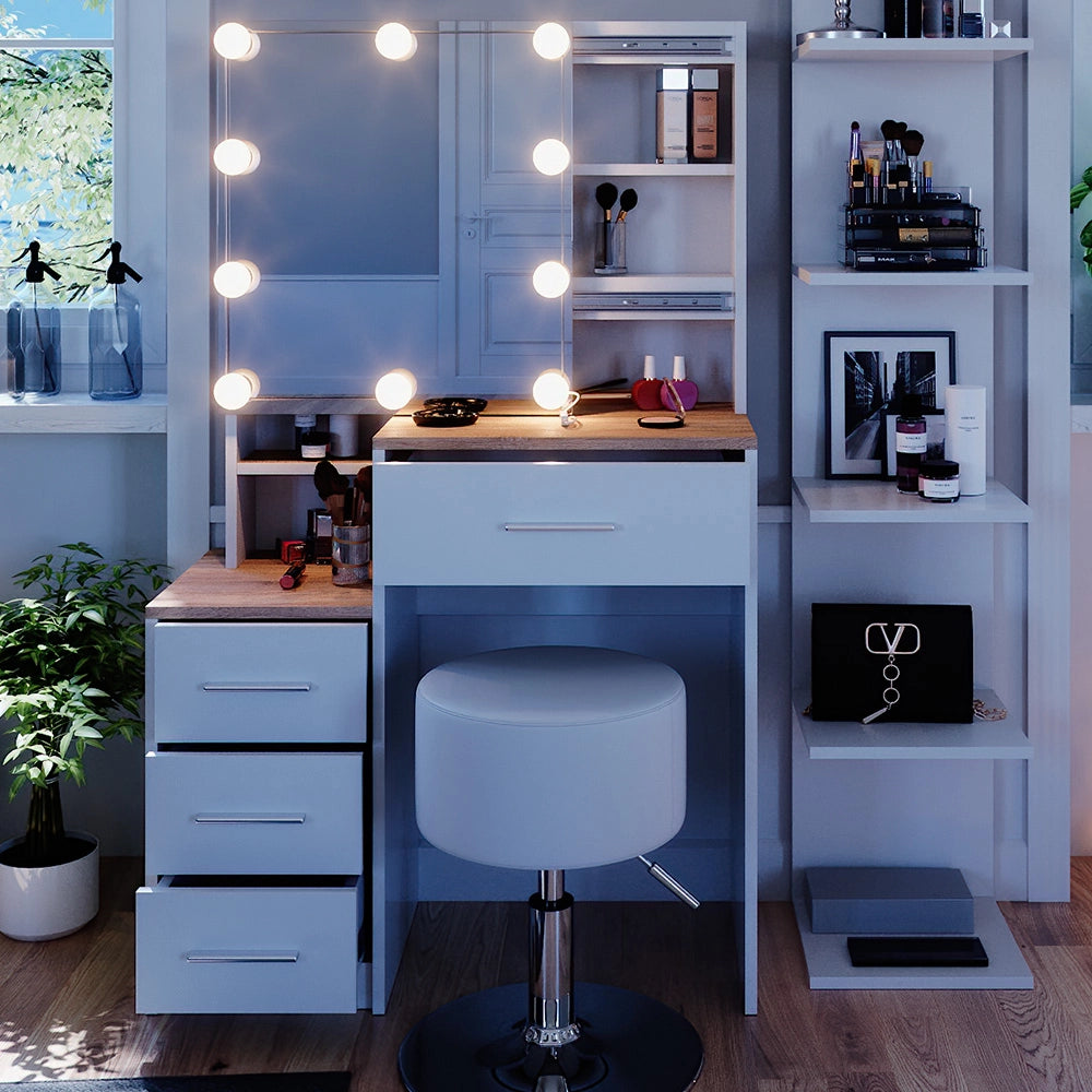 Tavolo da toeletta Conrada Bianco/Sonoma 80 cm con illuminazione LED e sgabello Vicco